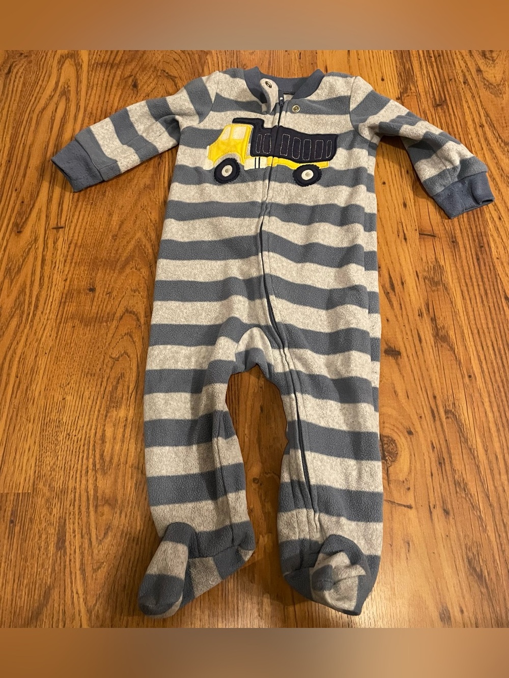 Carter's Blue & Gray Striped Fleece Footed One-Piece with Yellow Truck